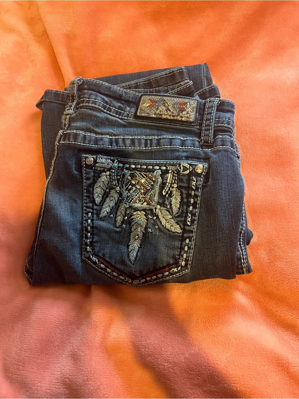 Grace Dark Wash Bootcut Jeans with Embroidered Feather Pocket - Blue